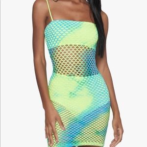 Neon Green and Blue Sparkly Net Mini Dress